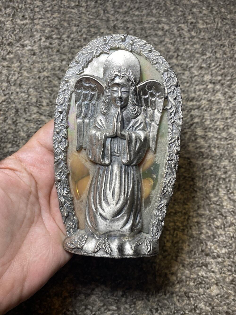 Vintage Praying Angel Pewter Tealight Candle Holder Mirror Back Made in Taiwan